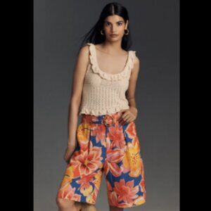 Brand New Farm Rio x Anthropologie Linen Blend Belted Floral Bermuda Shorts
